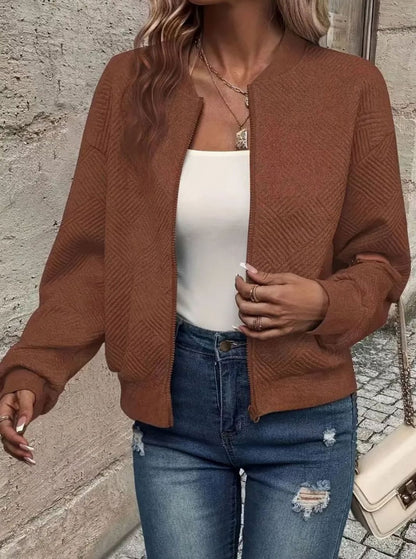Women's Textured Knit Zip-Up Bomber Cardigan — Relaxed Fit 12