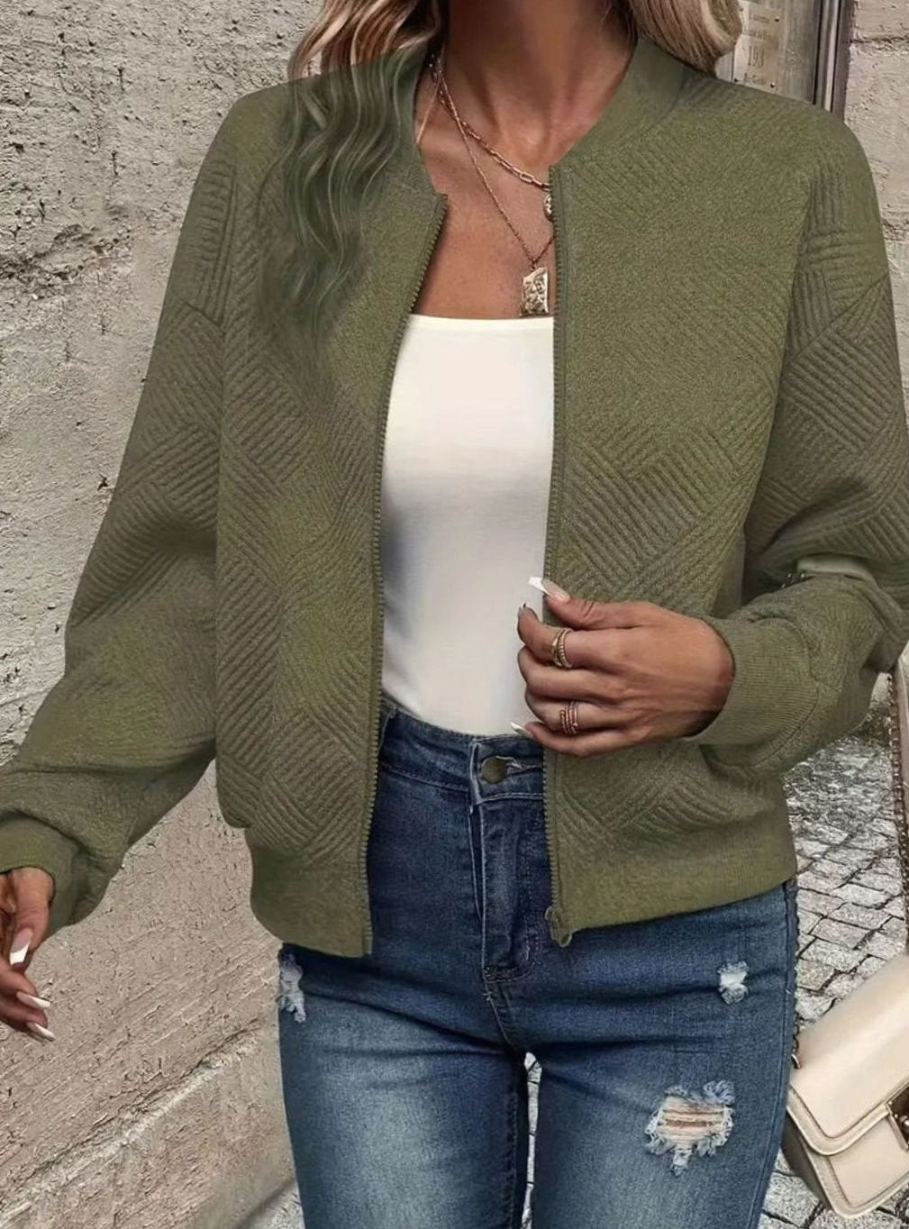 Women's Textured Knit Zip-Up Bomber Cardigan — Relaxed Fit 13