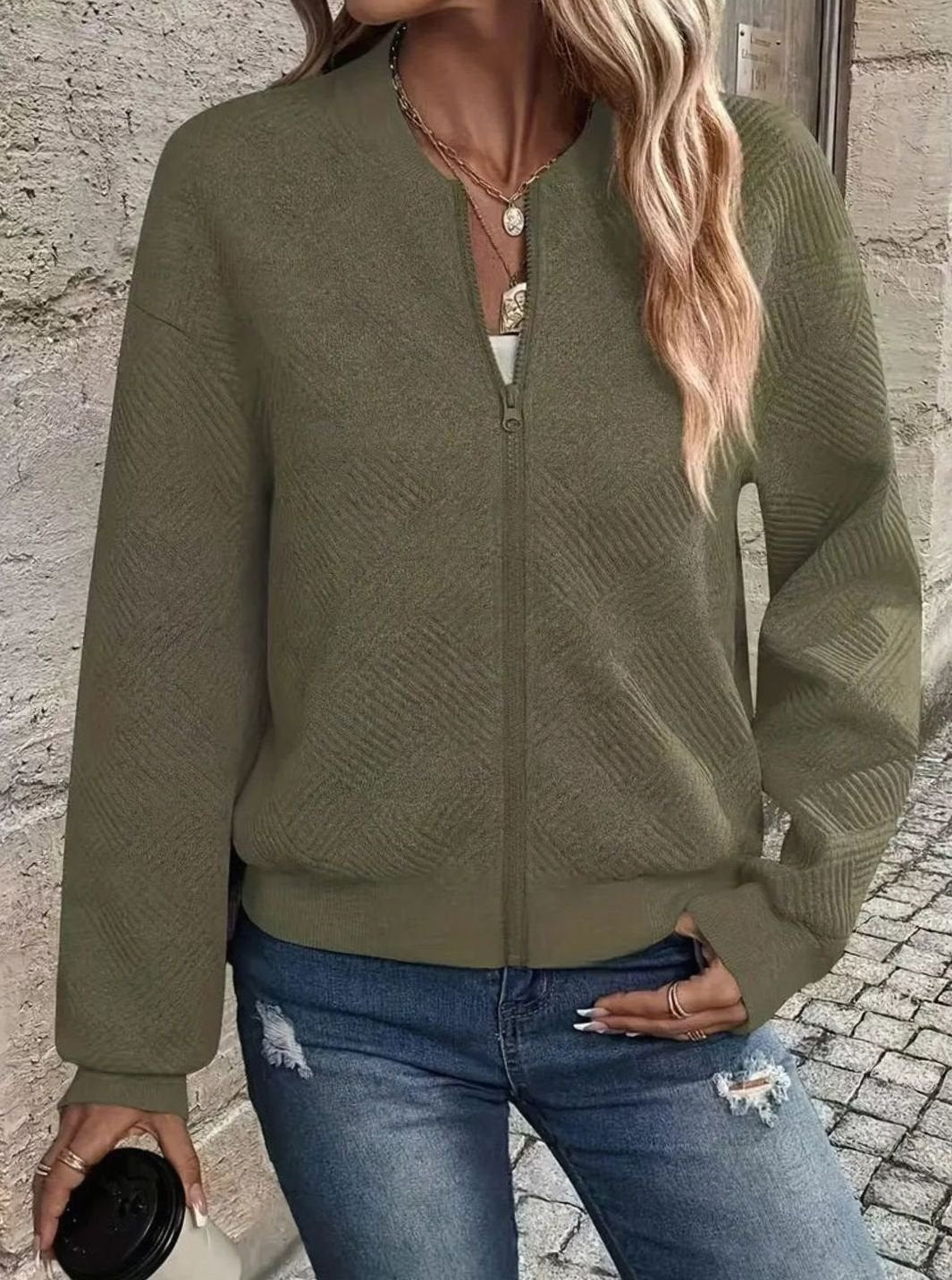 Women's Textured Knit Zip-Up Bomber Cardigan — Relaxed Fit 14