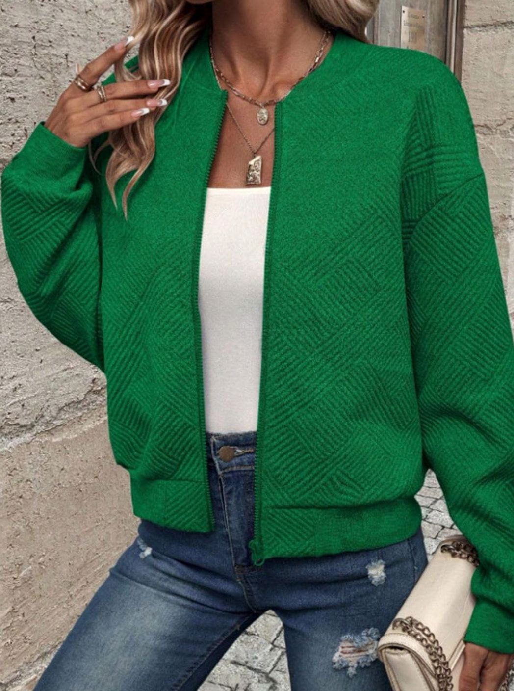 Women's Textured Knit Zip-Up Bomber Cardigan — Relaxed Fit 2