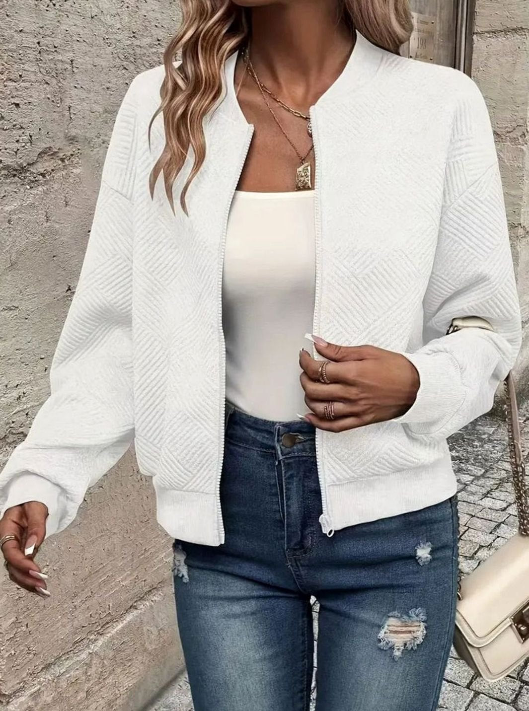 Women's Textured Knit Zip-Up Bomber Cardigan — Relaxed Fit 4