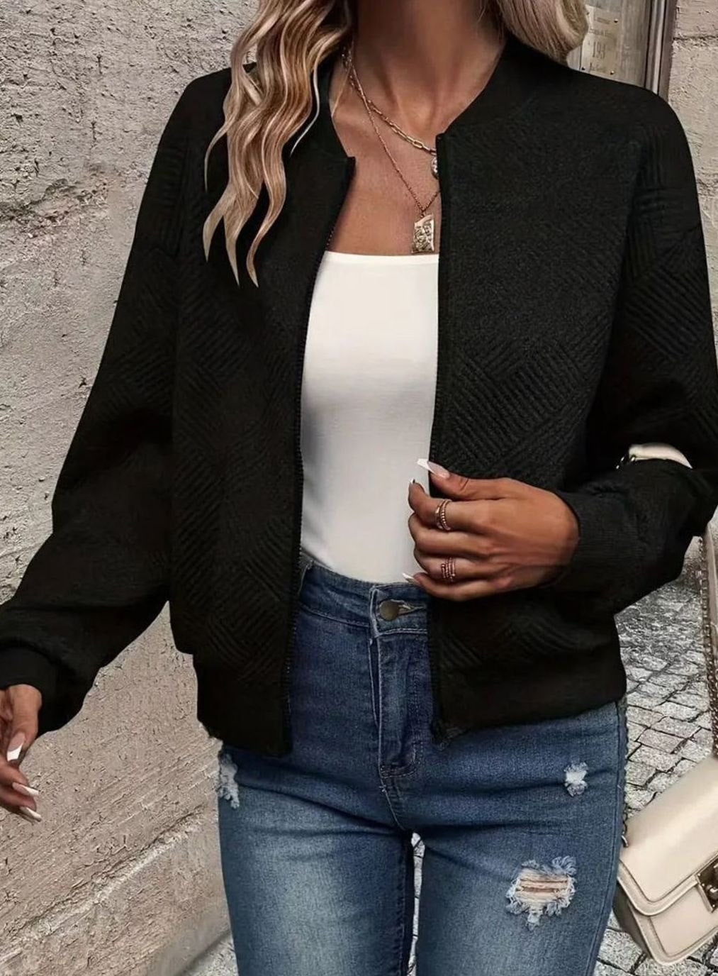 Women's Textured Knit Zip-Up Bomber Cardigan — Relaxed Fit 5