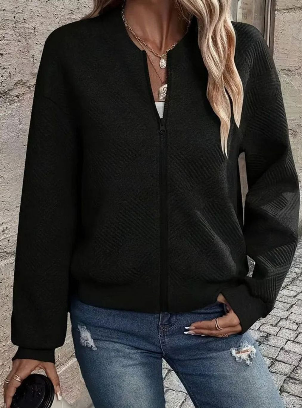 Women's Textured Knit Zip-Up Bomber Cardigan — Relaxed Fit 6